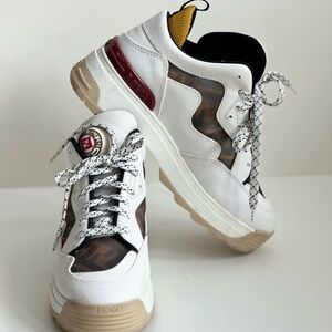 Fendi White and Tan Logo Sneakers